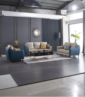 Sofà 3+1 posti in set design, divani decorativi in pelle per il relax.