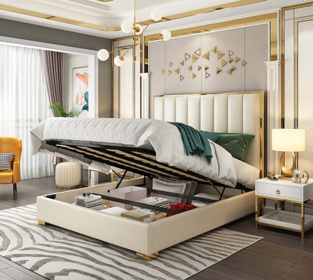 Camera da letto classica Letto Bianco Tessile Letti in Pelle Imbottiti Matrimoniali