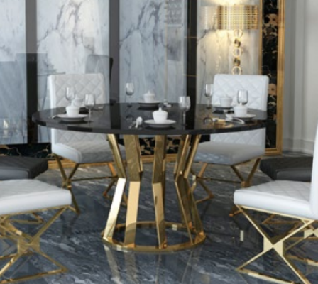 Set da pranzo Moderno tavolo da pranzo + 6 sedie con braccioli in metallo e pelle.