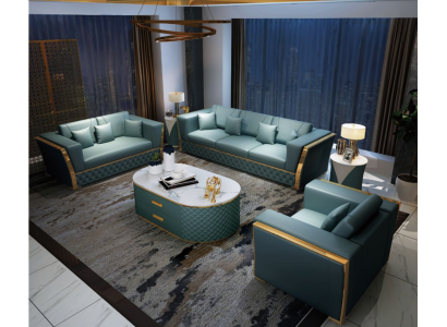 Set completo di divani 3 posti + 2 posti + 1 posto + tavolino da salotto, design per soggiorno.