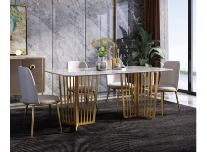 Tavolo da pranzo di lusso in pelle + acciaio inossidabile, imitazione di marmo, tavolo in pietra per sala da pranzo