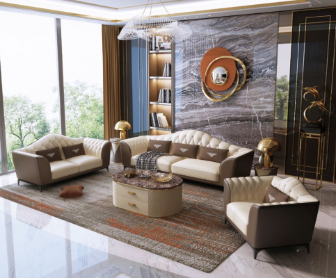 Set completo di divani 3+2+1 design in pelle, divano in pelle, divano.