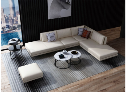 Moderno divano angolare a L imbottito con decorazioni per sedute, angolo divano + pouf.