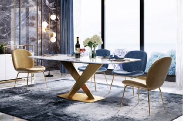 Mobili in stile italiano per sala da pranzo, gruppo di sedute, imbottitura, tavolo, set completo 7 pezzi.