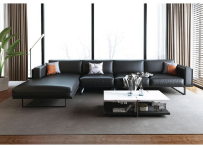 Sofà moderno a forma di L imbottito, angolo seduta, divano in pelle angolare.