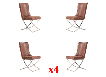 Set di 4 sedie da pranzo in acciaio inox con seduta imbottita in tessuto.