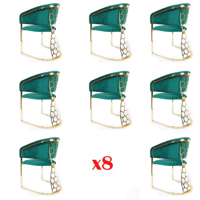 Set tessile da sala da pranzo con 8 sedie gruppo corredo in legno con schienale e sedie imbottite.  Set tessile per sala da pranzo con 8 sedie, gruppo corredo in legno con schienale e sedie imbottite.