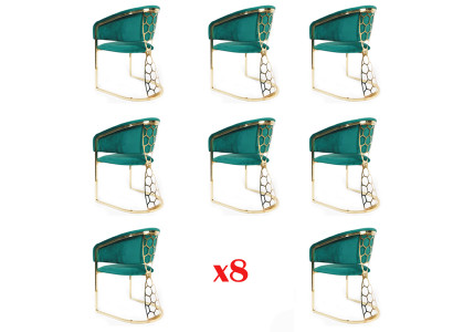 Set tessile da sala da pranzo con 8 sedie gruppo corredo in legno con schienale e sedie imbottite.  Set tessile per sala da pranzo con 8 sedie, gruppo corredo in legno con schienale e sedie imbottite.