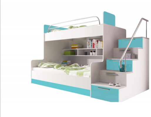 Letto a castello per bambini in turchese a due piani in laccato lucido per la cameretta dei bambini.