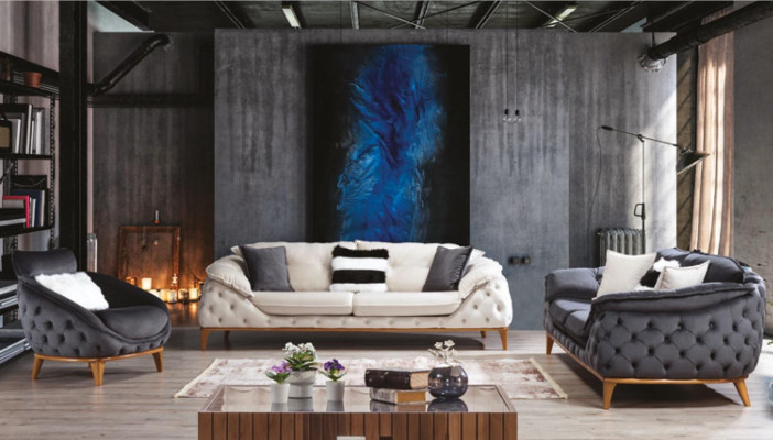 Chesterfield con rivestimento in legno e tessuto, set di divani con 3 posti 331 imbottiti.