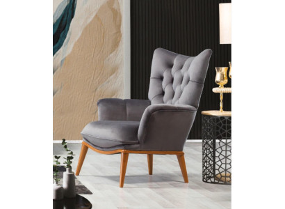 Poltrona monoposto grigia per soggiorno in stile inglese Chesterfield.