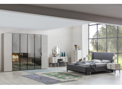 Set da camera da letto grigio chiaro completo di mobili, letto, armadio, comodini, 7 pezzi.