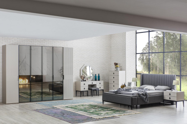 Tavolo trucco con specchio Design grigio camera da letto Console sgabello nuovo