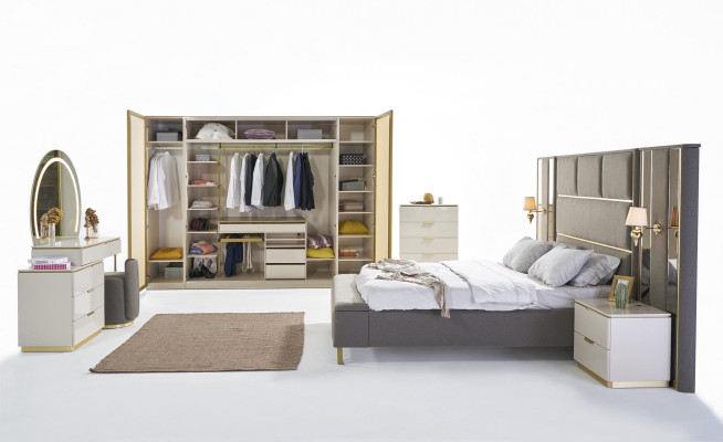 Letto matrimoniale 2x comodini in legno Design letti Camera da letto Imbottito Set 3 pezzi