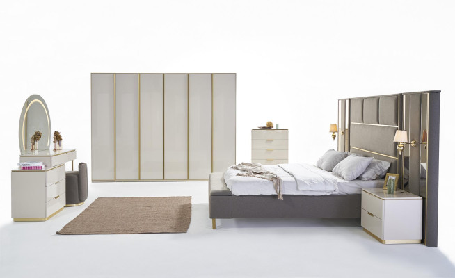 Letto matrimoniale 2x comodini in legno Design letti Camera da letto Imbottito Set 3 pezzi