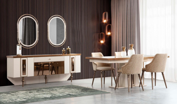 Tavolo da pranzo di lusso Beige Tavolo in vetro Tavolo in legno Tavolo da cucina di design.