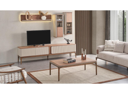 Tavolino da salotto di design moderno in legno beige per soggiorno.