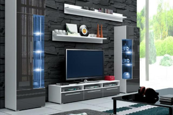 Mobile porta TV Rtv + mobiletto TV designer a parete + 2 vetrine, nuovo.