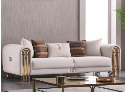Sofa in acciaio inossidabile per il soggiorno bianco con rivestimenti tessili nel design e stile dell'arredamento.
