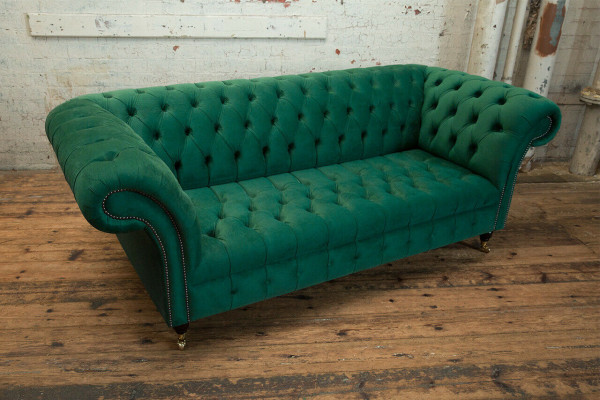 Divano classico Chesterfield 3 posti in velluto verde di design in pelle nuovo