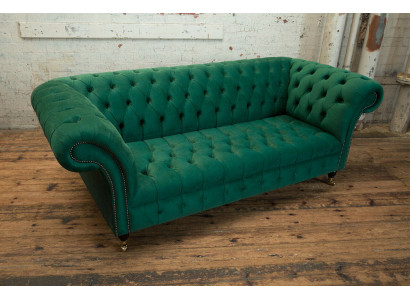 Divano classico Chesterfield 3 posti in velluto verde di design in pelle nuovo