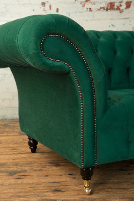 Divano classico Chesterfield 3 posti in velluto verde di design in pelle nuovo