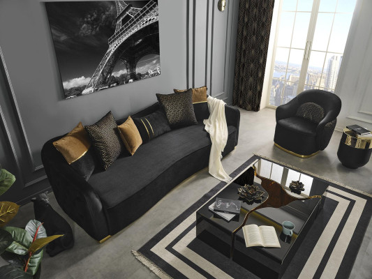 Moderno divano Chesterfield a 4 posti design moderne, in tessuto poliestere blu, nuovo.