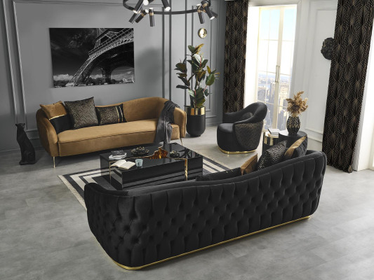 Moderno divano Chesterfield a 4 posti design moderne, in tessuto poliestere blu, nuovo.