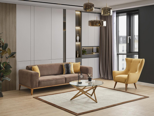 Divano a 4 posti in tessuto marrone per soggiorno di lusso moderno.