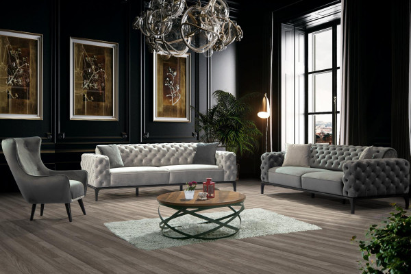 Divano 3 posti in tessuto grigio soggiorno Chesterfield nuovo