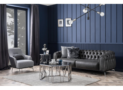 Chesterfield Set divano 4 posti poltrona quattro posti pelle sintetica nera