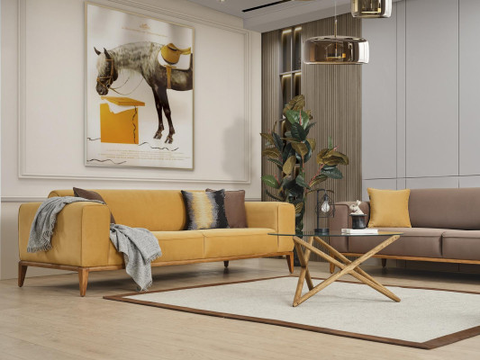 Set di divani completi Sofa 431 Posti a sedere Poltrona Tessuto Giallo Set 3 pezzi Nuovo