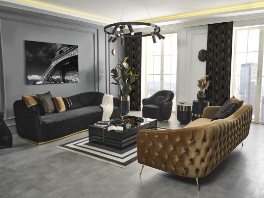 Chesterfield set di divani divano poltrona blu in poliestere di lusso 3 pezzi.