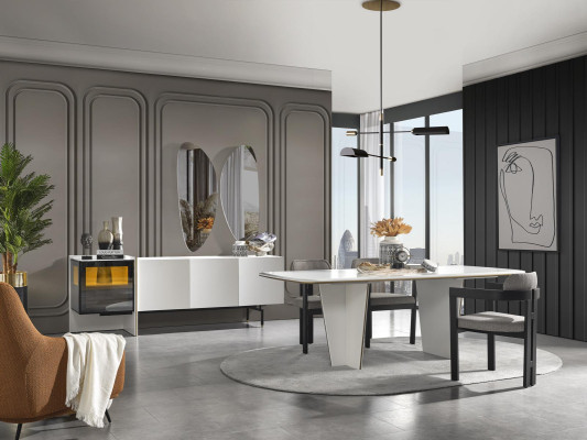 Gruppo da pranzo Set sala da pranzo Tavolo da pranzo Sedie di lusso Angolo cottura 9 pz Bianco