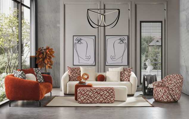 Sofà Set Sofa Poltrona 431 Posti Stoffa Divani di Lusso Arancio Soggiorno