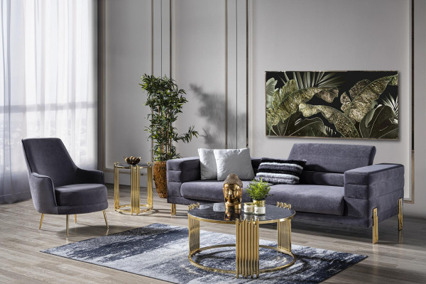 Set di divani di lusso 3 posti in tessuto grigio moderno.