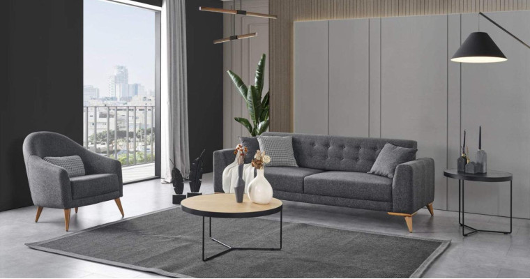 Set da soggiorno elegante 3 pezzi. Mobili di lusso grigi dal design moderno, divano 3+1.