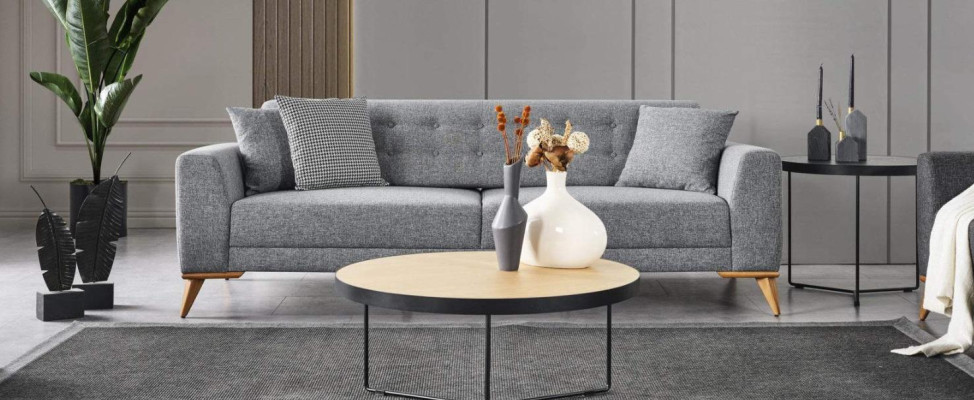 Set da soggiorno elegante 3 pezzi. Mobili di lusso grigi dal design moderno, divano 3+1.