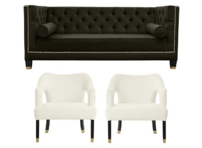 Chesterfield + 2 poltrone nero bianco XXL Big tessuto divani creativi