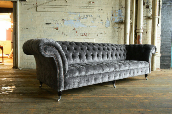 Designer Chesterfield Divano grigio di lusso 4 posti in tessuto
