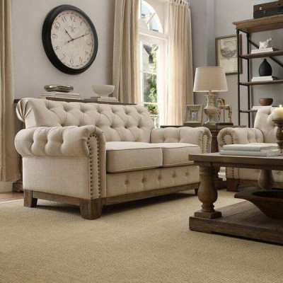 Chesterfield 2 posti Classico lussuoso divano in legno naturale tessuto pelle divano