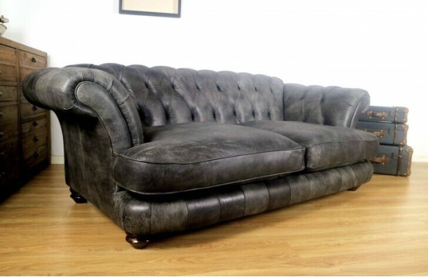 Chesterfield Divano XXL Big in pelle Nero 3 posti Stile vintage