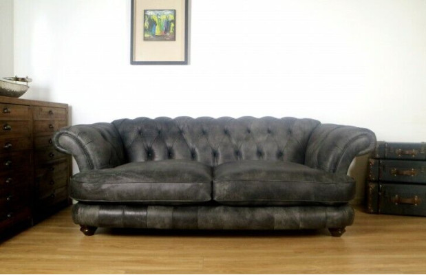 Chesterfield Divano XXL Big in pelle Nero 3 posti Stile vintage