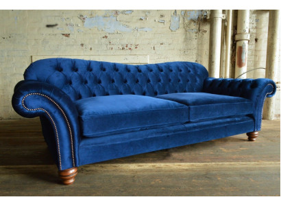 Divano design 4 posti in tessuto blu, divano classico Chesterfield nuovo