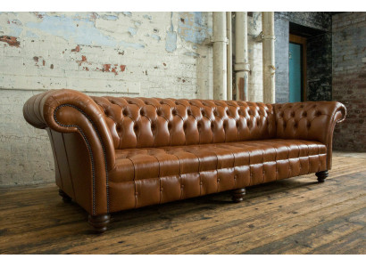 Divano Chesterfield marrone in pelle, 4 posti, xxl, divano grande, nuovi rivestimenti.