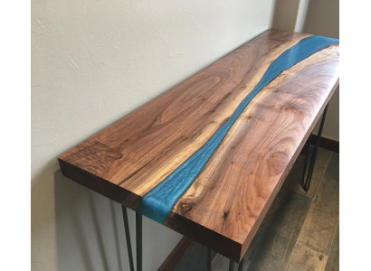 Tavolo consolle credenza in legno reale, tavolo design resina epossidica fiume a cascata.