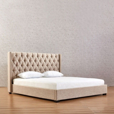 Beige camera da letto Letti imbottiti Letto Chesterfield Tessuto Tessile Nuovo