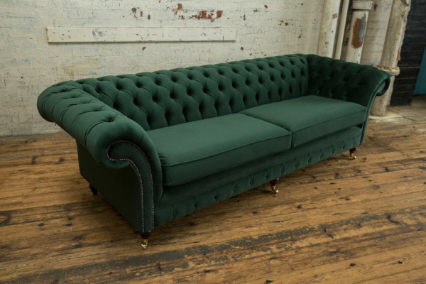 Divano Chesterfield in tessuto verde in pelle, imbottito con grandi cuscini, xxl 265cm nuovo.