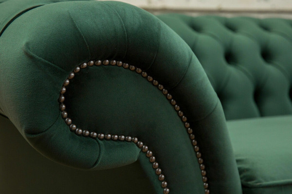 Divano Chesterfield in tessuto verde in pelle, imbottito con grandi cuscini, xxl 265cm nuovo.