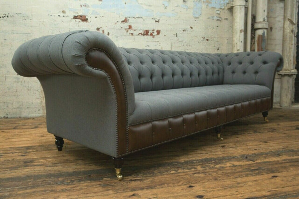 Design Chesterfield Divano 4 posti Grigio Divano Imbottito in Pelle Nuovo Soggiorno